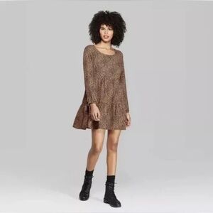 Wild Fable XL Brown Black Animal Print Ruffle Long Sleeve Mini Dress
